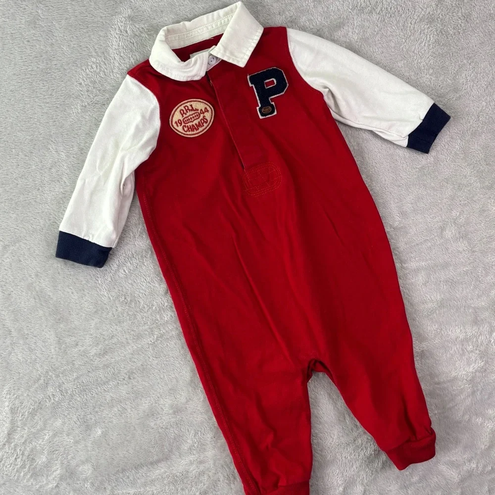 Ralph Lauren Baby One Piece Romper Sz 6M Red White Varsity Patch‎ Long Sleeve